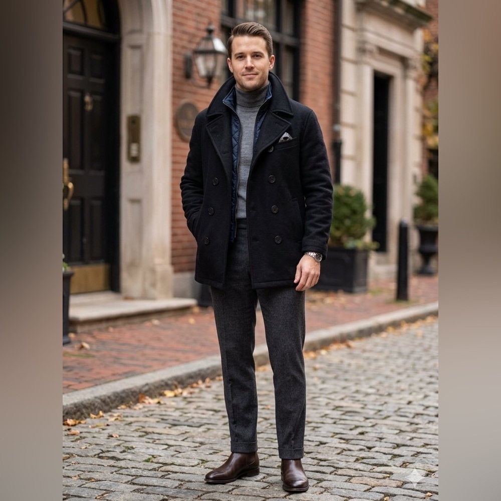 Roundtree & Yorke Men’s Medium black Wool Pea Coat Jacket  Quilted Lining warm